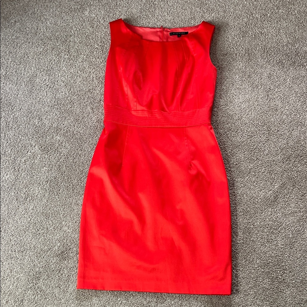 David Meister Ultra Glossy Persimmon Coral Satin Sheath Notched Neckline sz6